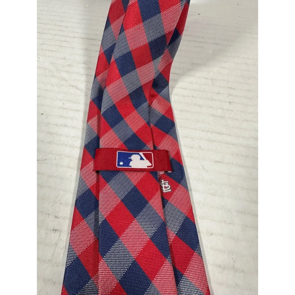 MLB St Louis Cardinals Mens Necktie Red Navy‎ Blue Gingham Check Logo Silk-Look
